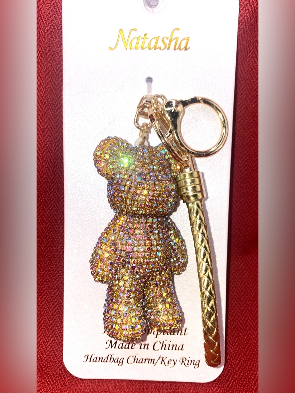 Natasha Couture Gold Multicolor Crystal Teddy Bear Keychain Charm
